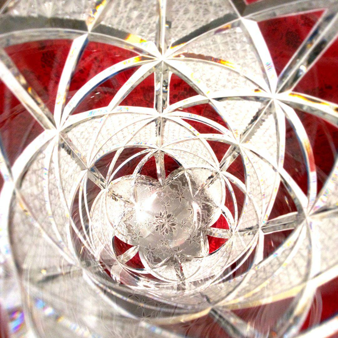 【 美品 】切子 菊繋ぎ クリスタル花瓶 銅赤