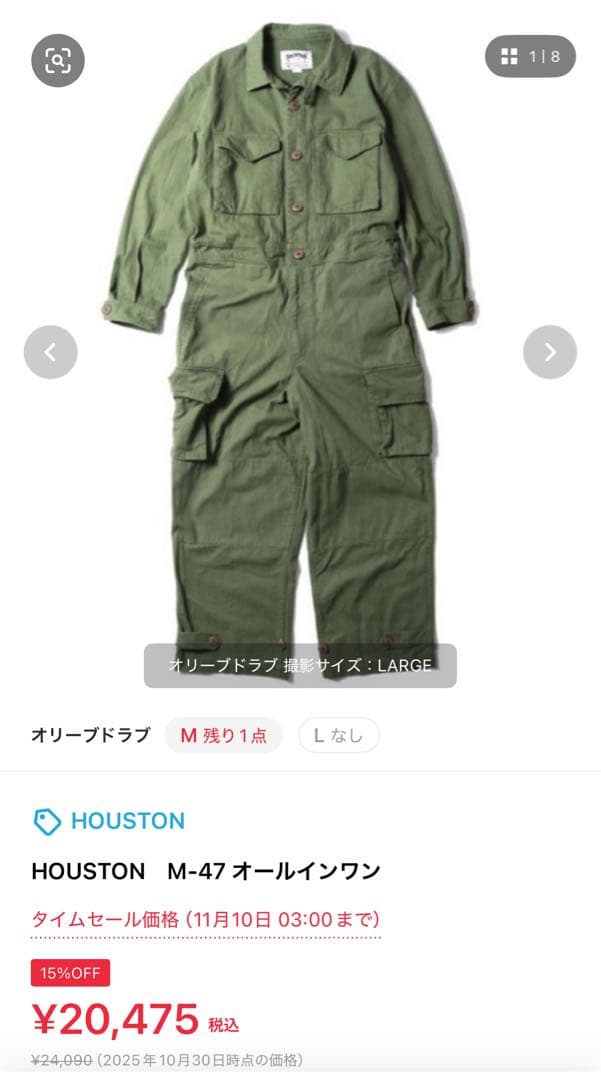 12/24迄9800〜9000円割引　HOUSTON オーバーオール Lサイズ