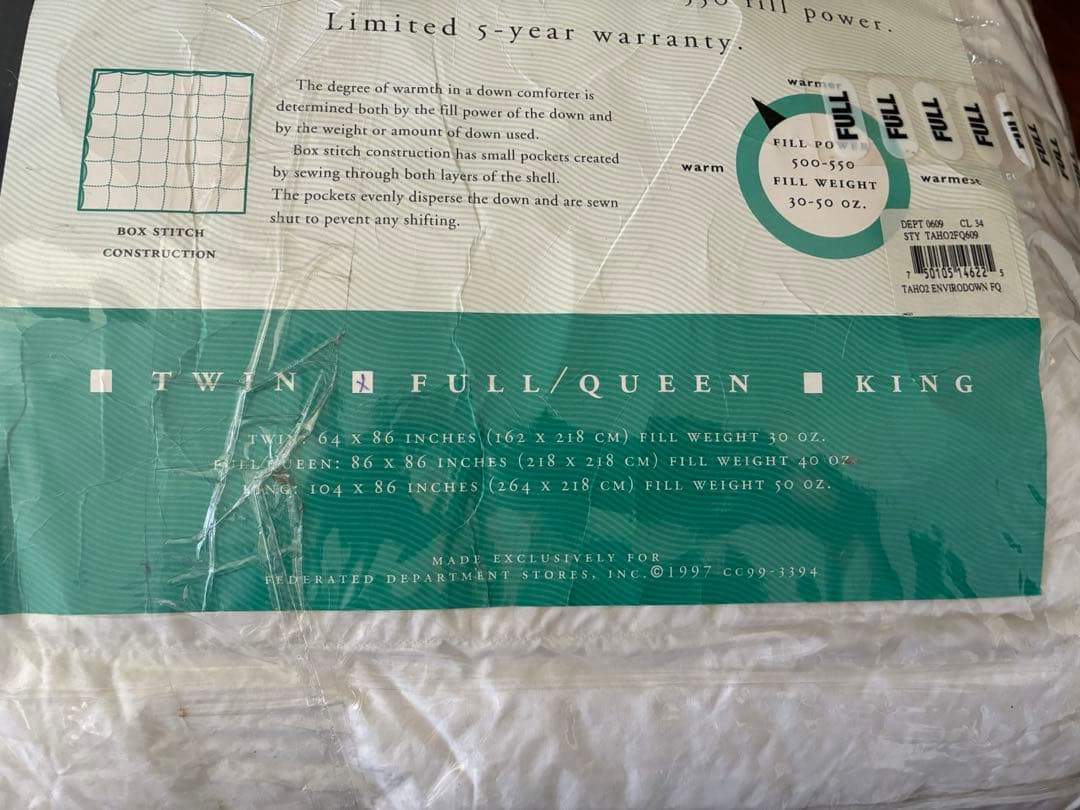 ホワイトダウン掛けふとん　ダブルサイズ