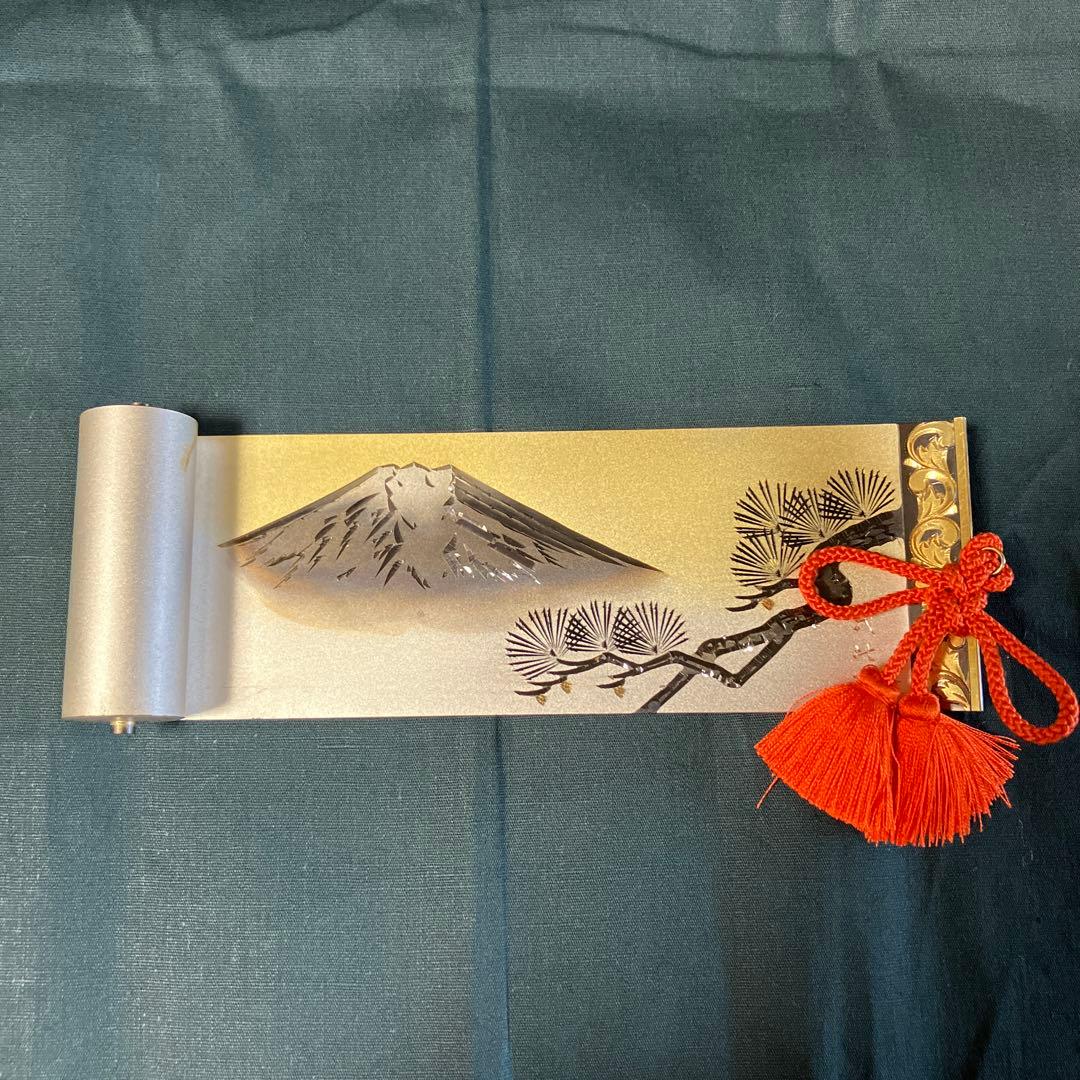 武比古作　純銀絵巻物　ガラスケース入り　富士山に松　純銀　SILVER 刻印