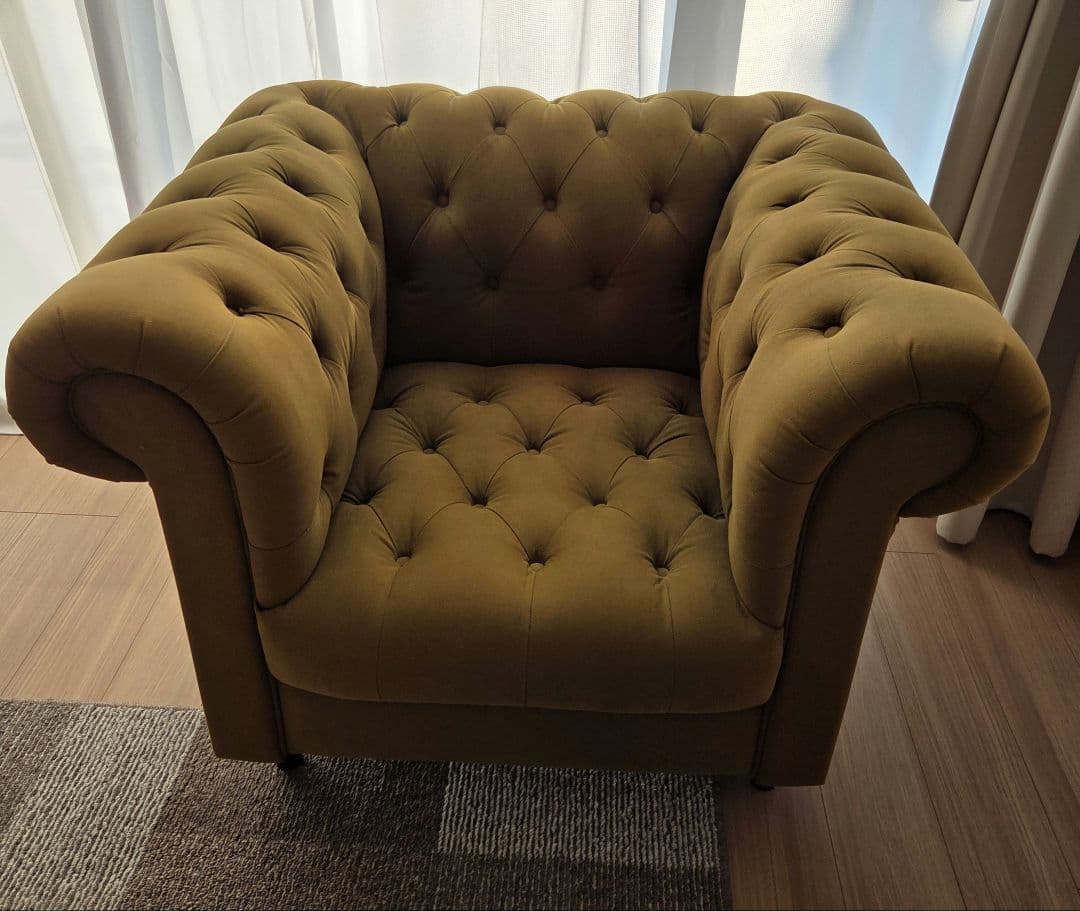チェスターフィールド 布張り オリーブグリーン 1人掛けソファ