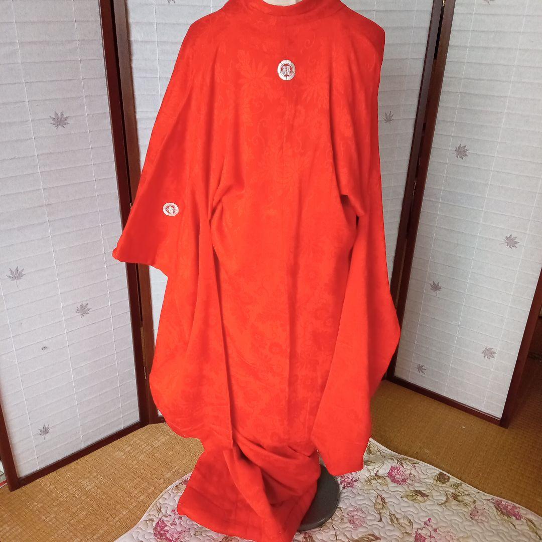 4935レア！朱色アンティーク　五つ紋付き　中着　振袖　お引き摺り　婚礼衣装