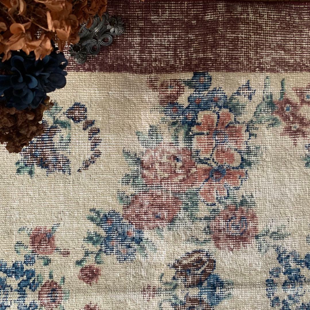 バーガンディ　トルコヴィンテージラグ　210×109 ボタニカル　 オーバーダイ