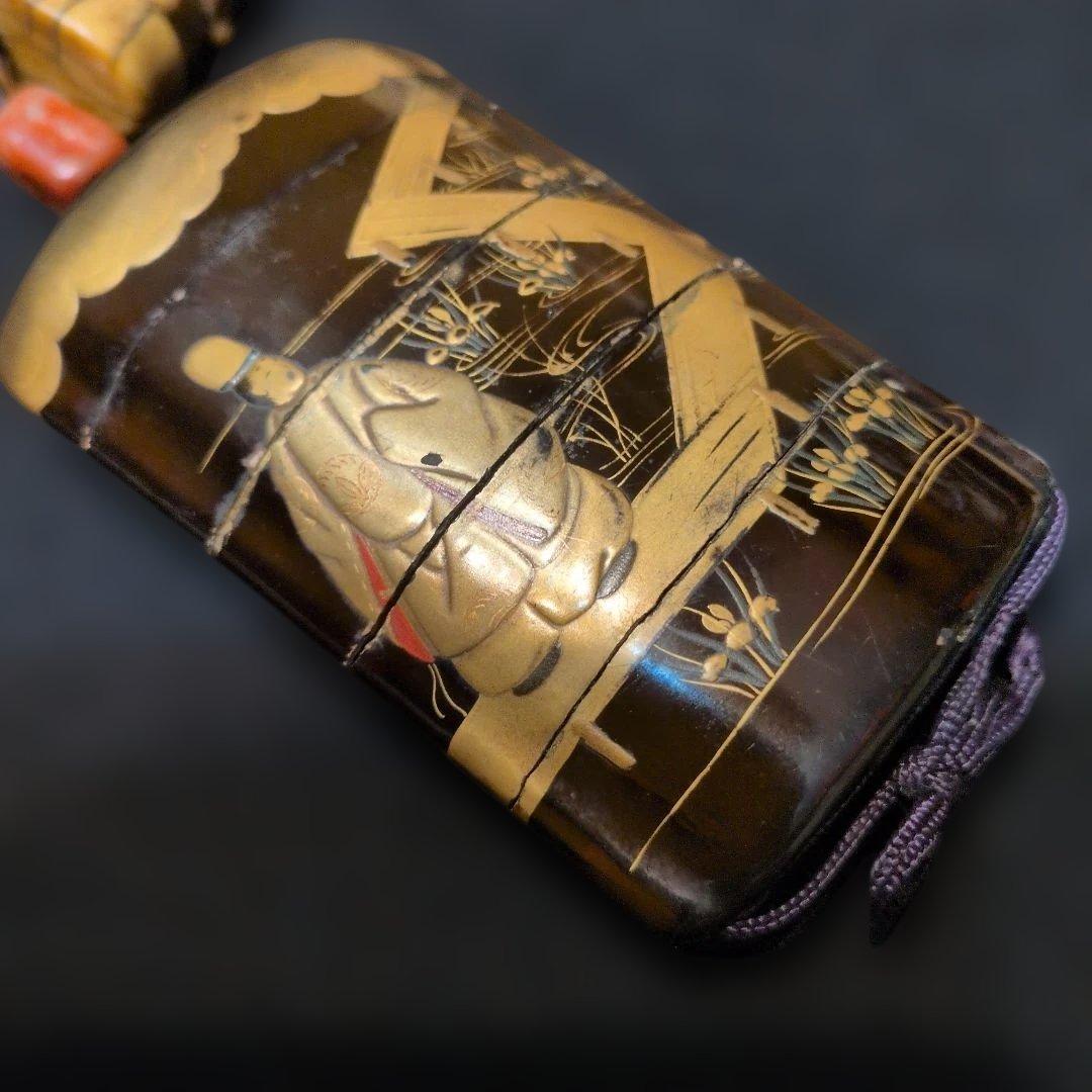 金蒔絵　印籠　人物根付