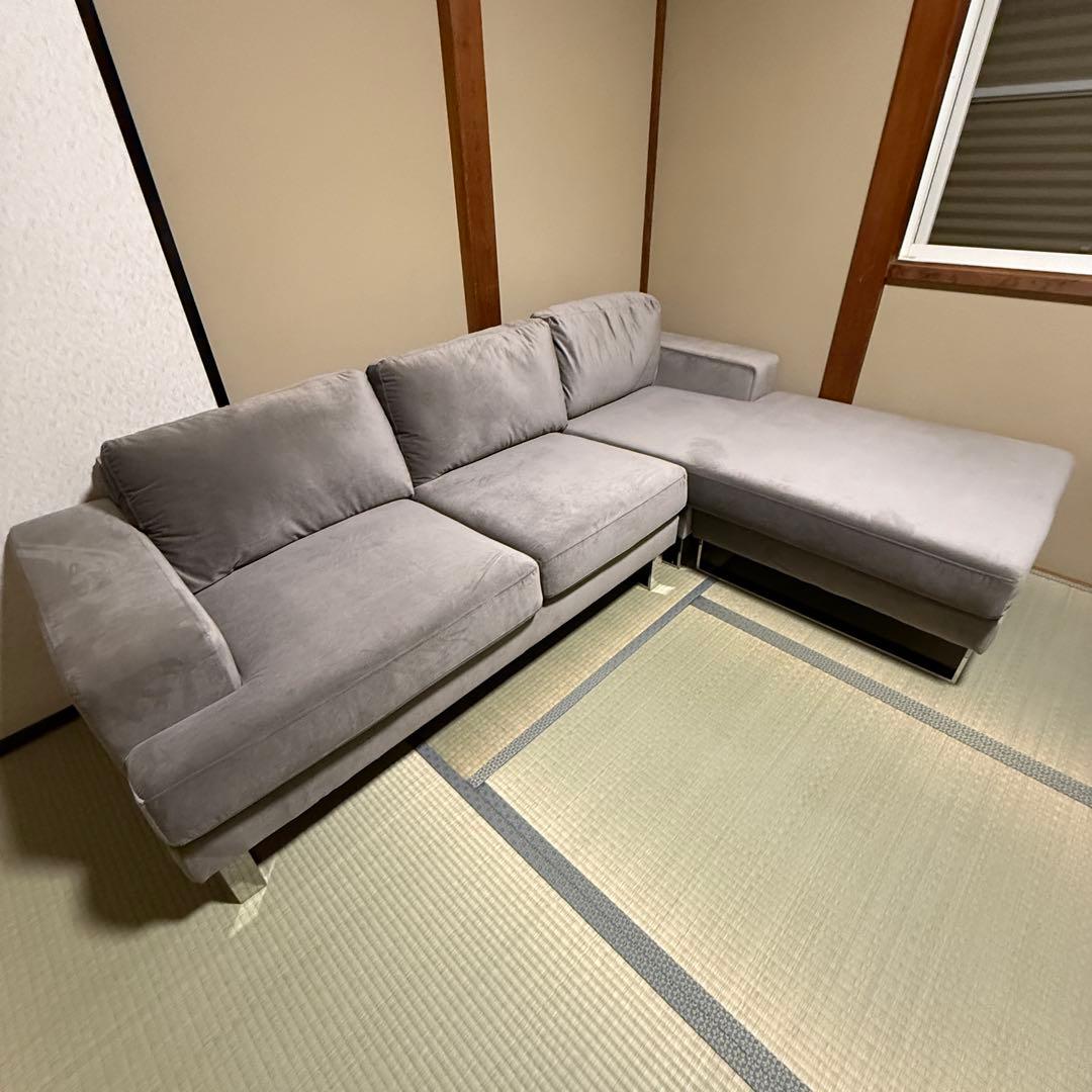 新品同様 LOWYA ロウヤ カウチソファセット 3人掛け ベルベット調 グレー