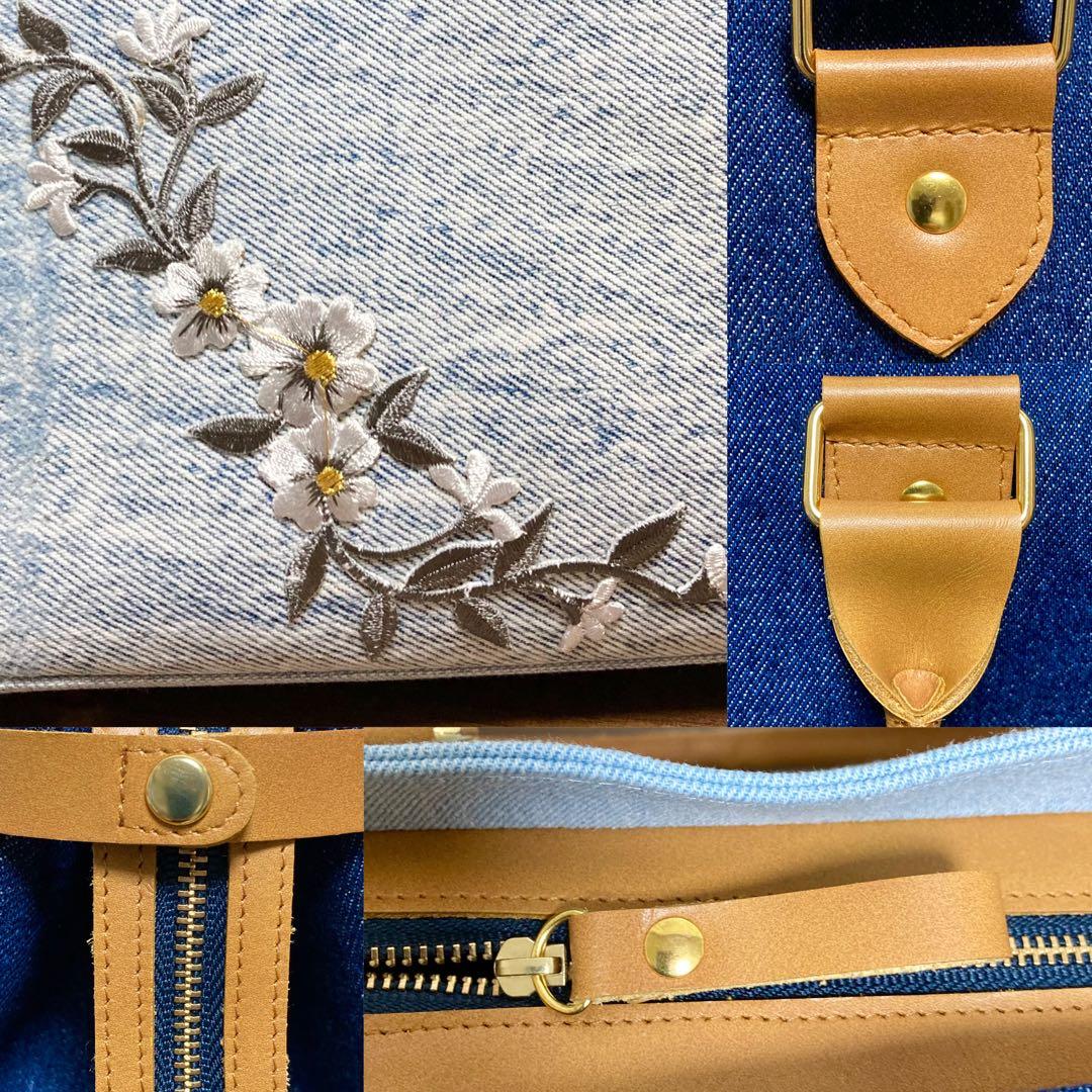 デニムリメイク　本革　2wayハンドバッグ　底板底鋲　刺繍花柄　no.1