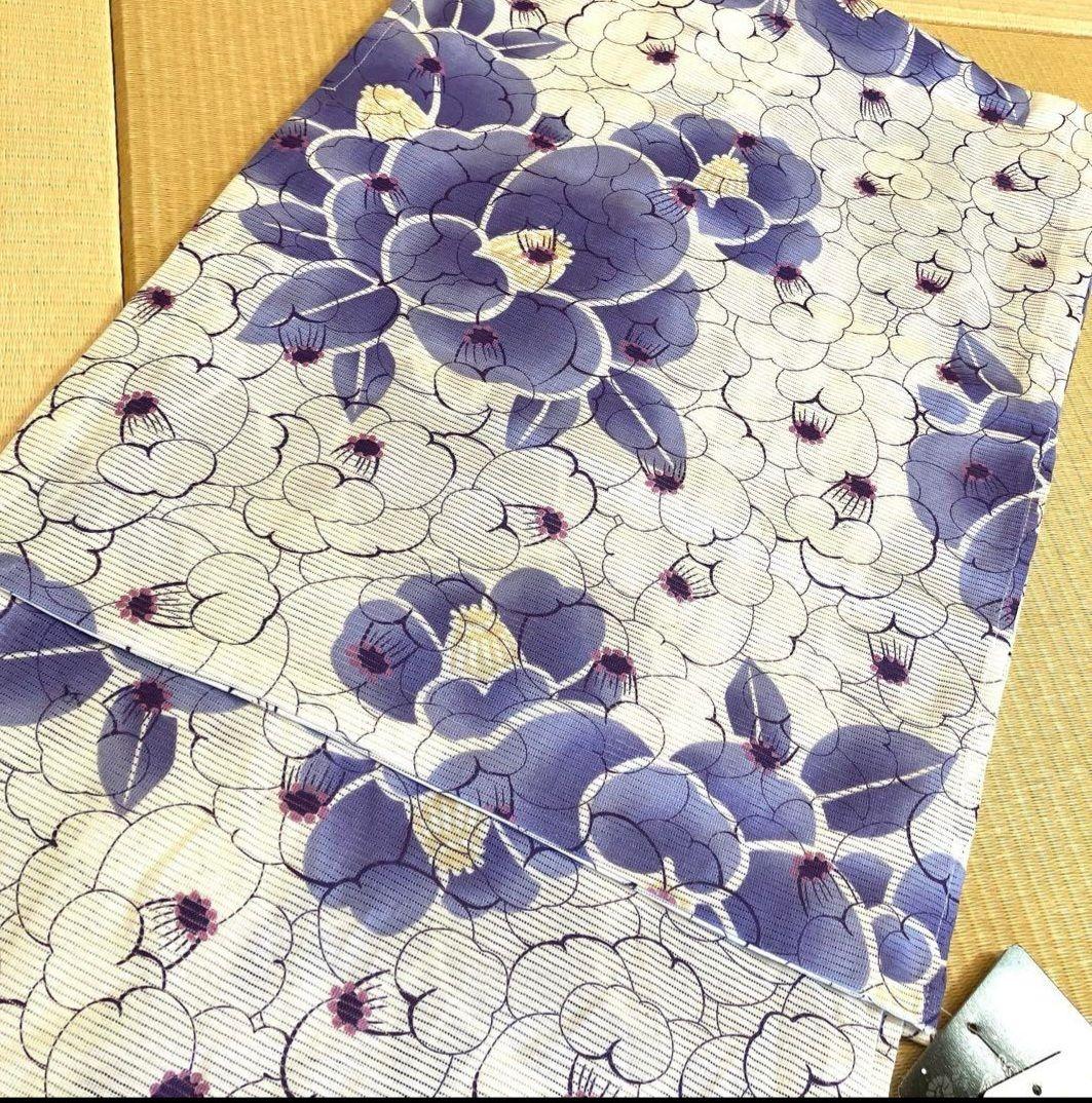 【最終価格】浴衣 高級綿絽 紫色花柄 半幅帯付き