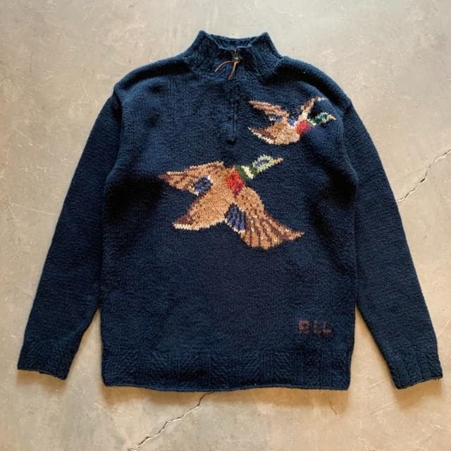 【M】ラルフローレン コットン ハンドニット 紺■ビンテージ古着 ハーフジップ