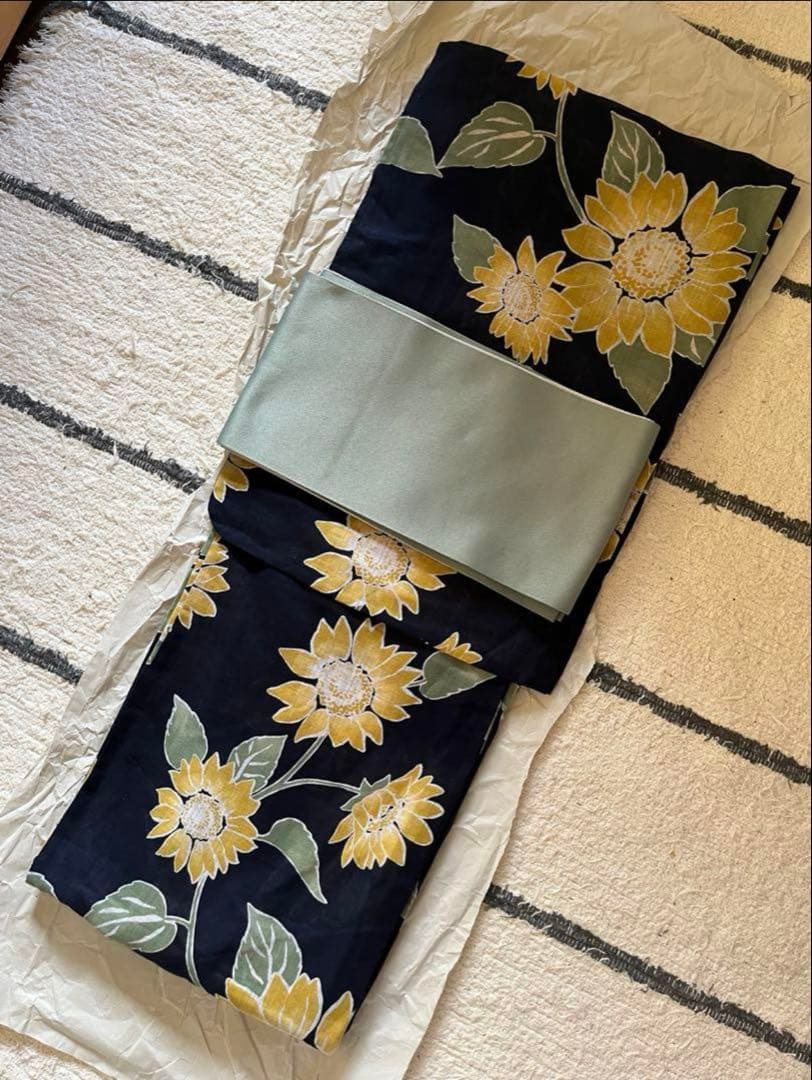 ひまわり 向日葵 浴衣 黒地 帯 セット 大人女性 未使用品