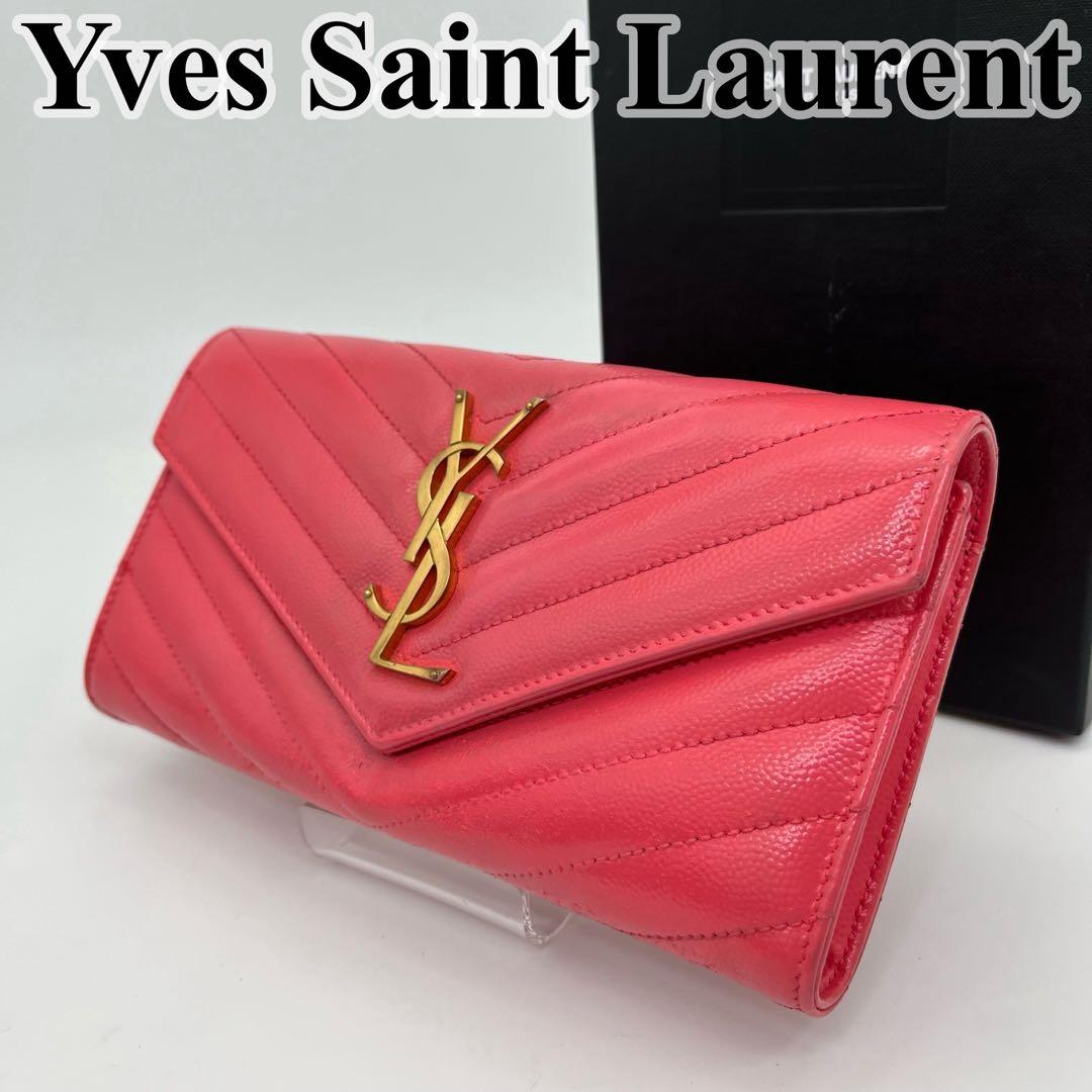 サンローラン 長財布 カサンドラ Vステッチ キャビアスキン ロゴ金具 箱付き