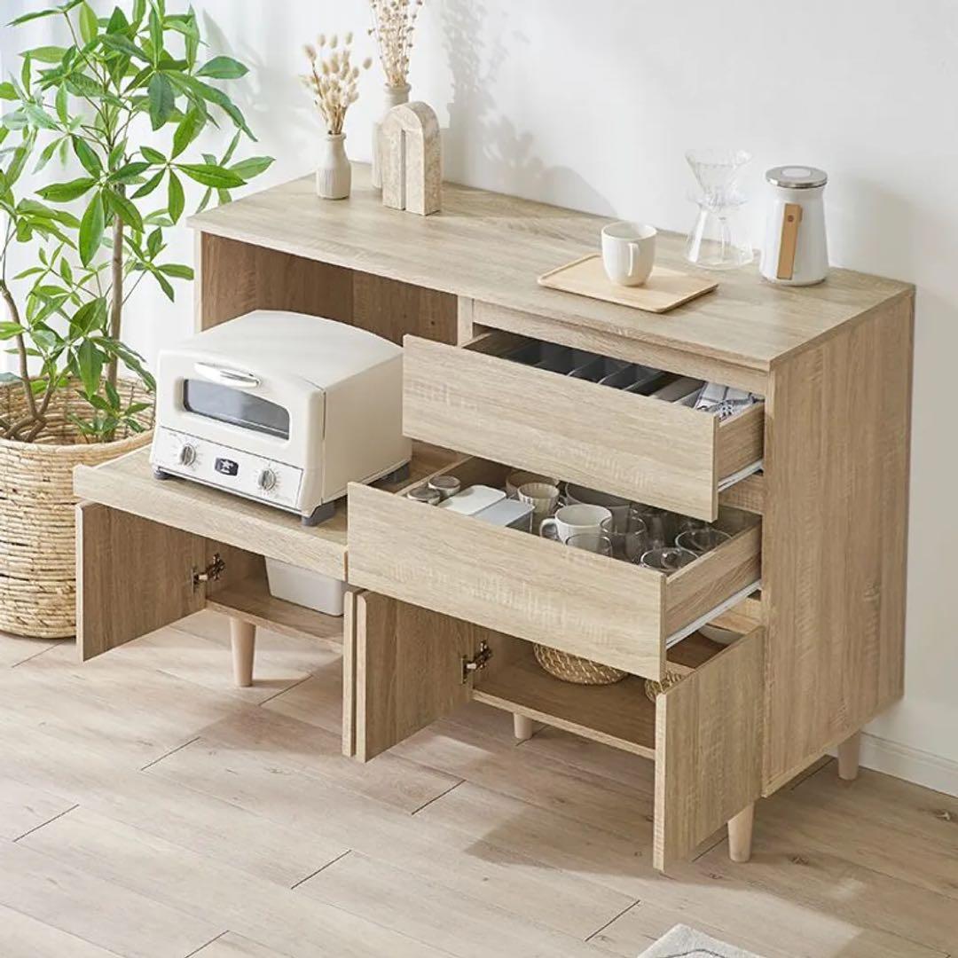 【LOWYA】食器棚 レンジ台 引出しタイプ コンセント付き 木目調