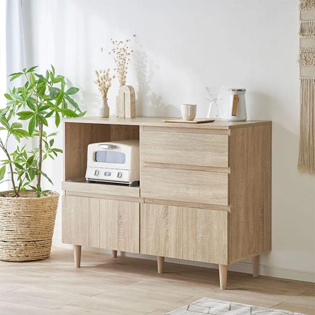 【LOWYA】食器棚 レンジ台 引出しタイプ コンセント付き 木目調