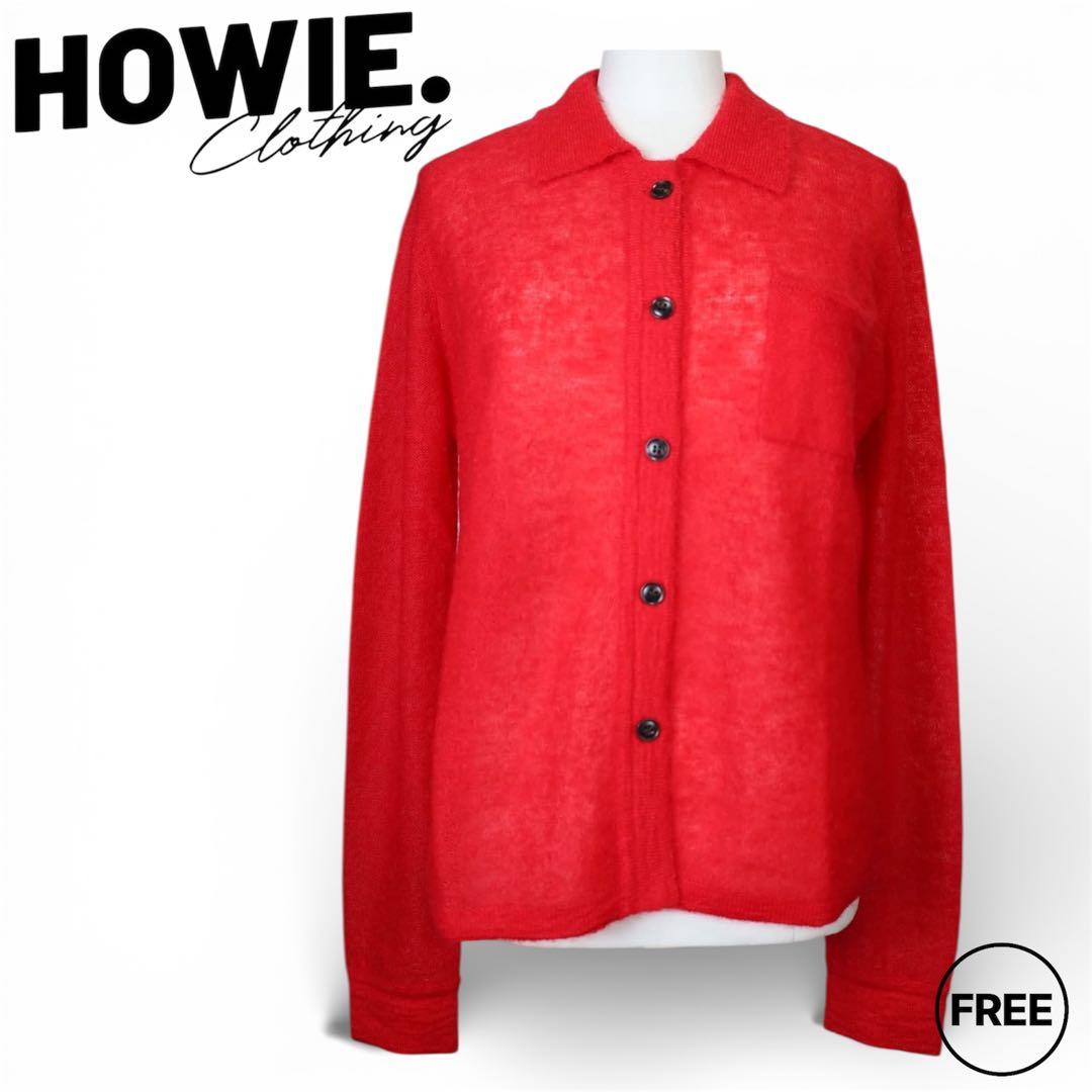 美品【HOWIE】ポロニットカーディガン レッド モヘヤ混 フリー