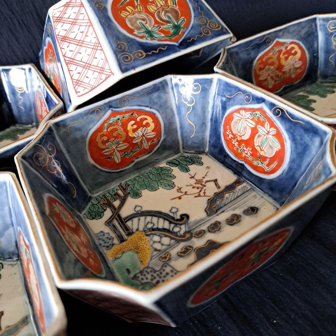 「柘榴(ざくろ)がいっぱい！」古伊万里 色絵 角向付 5客セット 骨董アンテ