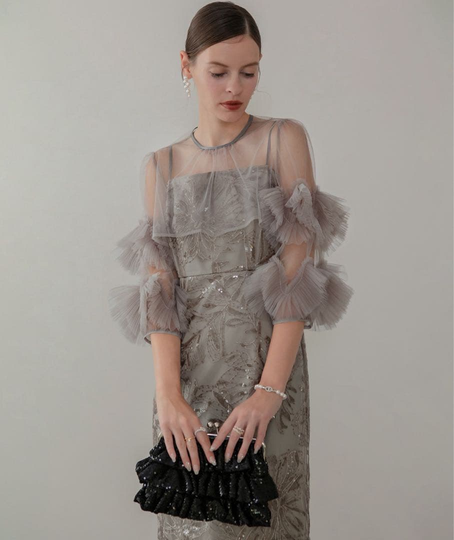 LEJA フラワースパンコールチュールフリルスリーブIラインワンピース 結婚式