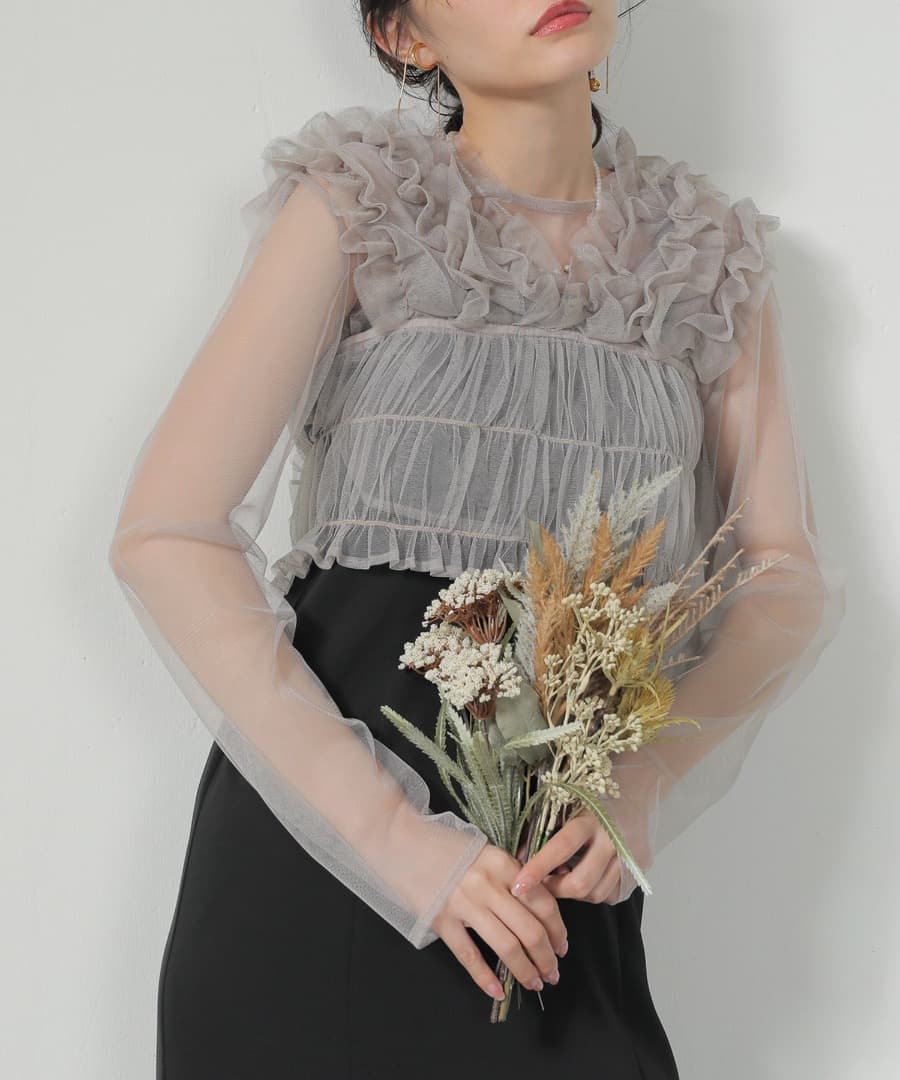 Kana チュールフリル ベストシアートップス ワンピース 3点セットドレス