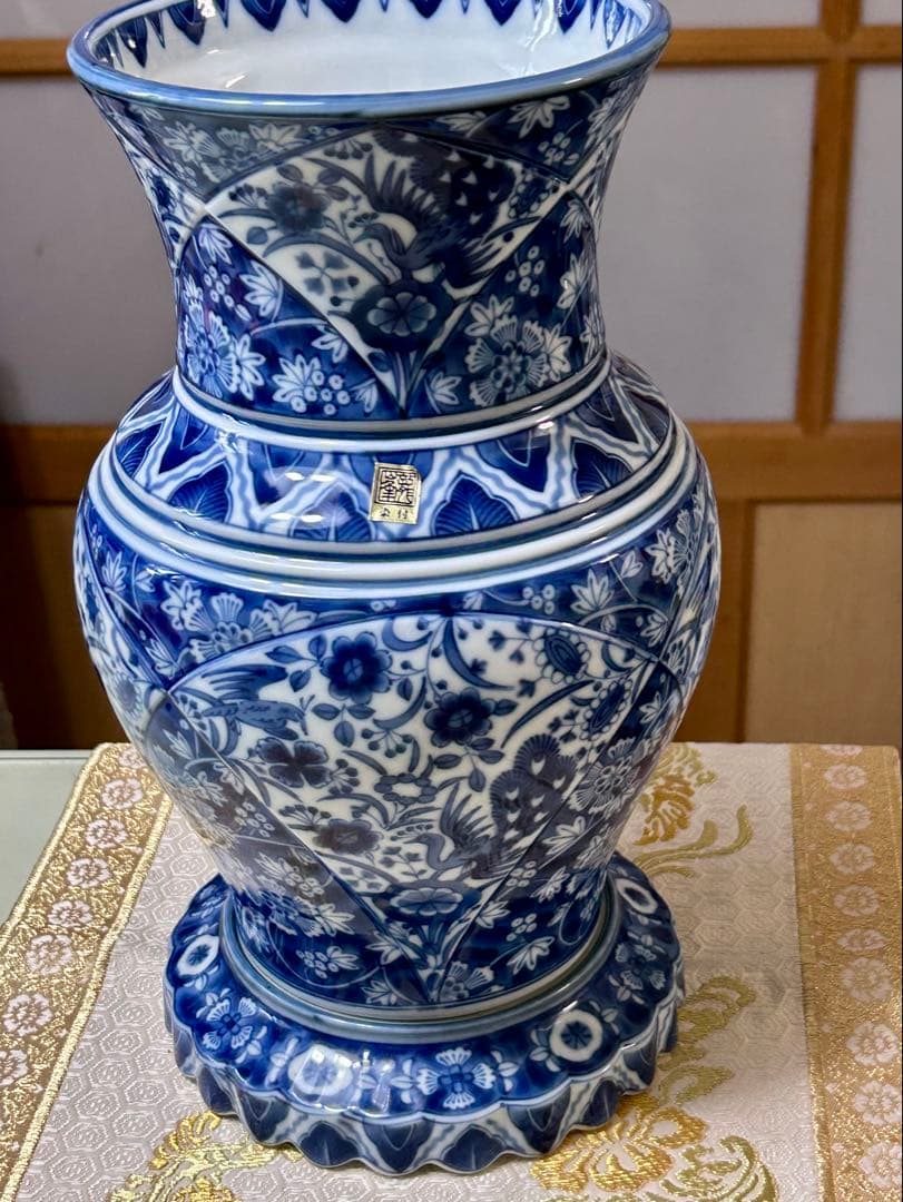 龍峯窯　 花風流　染付　花更紗　花鳥文　花瓶