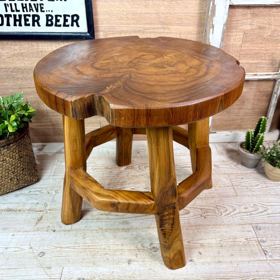 オールドチーク天然無垢材木製創作極太サイドテーブル L（直径55㎝）ウッド飾り台