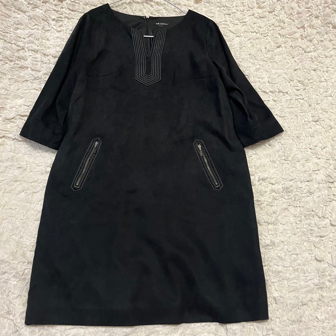 希少46サイズ4L【23区】黒 スエード風 ワンピース チュニック ストレッチ