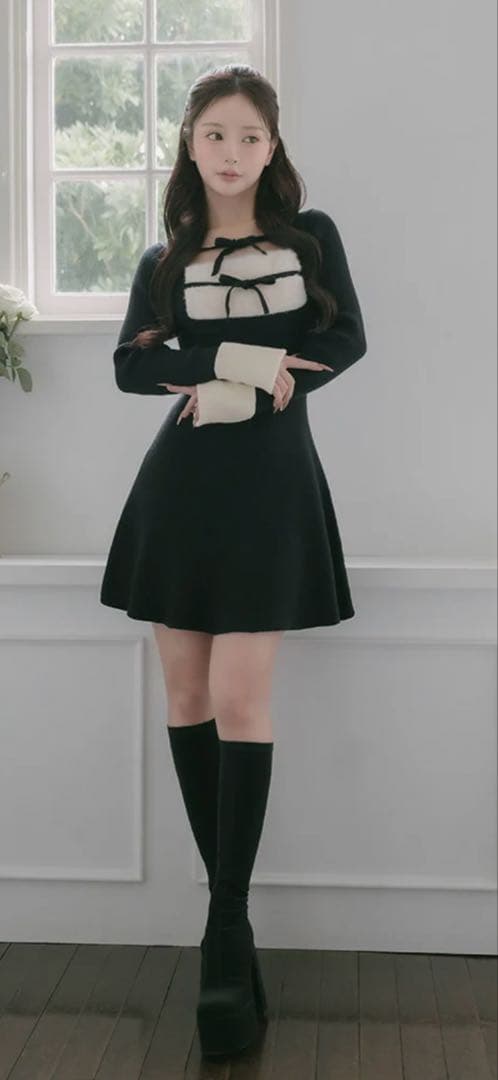 ダーリッチ リボンファーフレアニットミニワンピース ブラック 黒 フリー