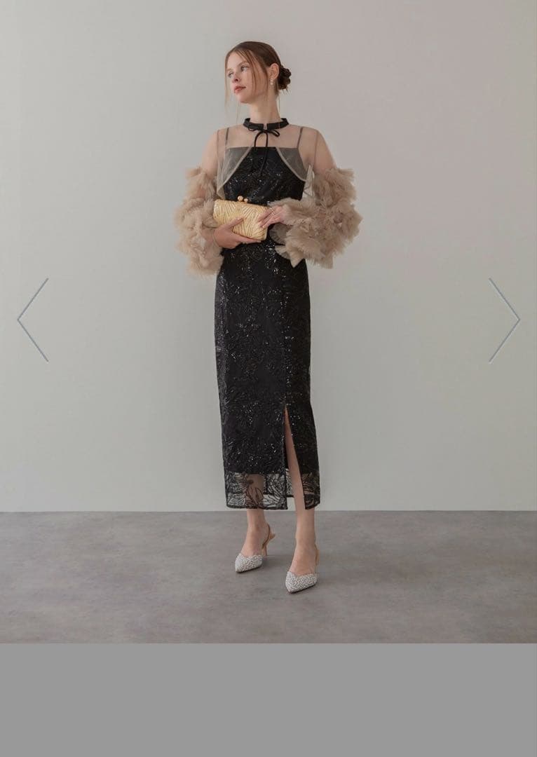 Leja-フリルチュールスリーブリボンIラインワンピースドレス結婚式