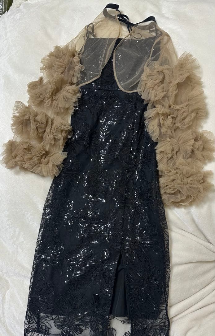 Leja-フリルチュールスリーブリボンIラインワンピースドレス結婚式