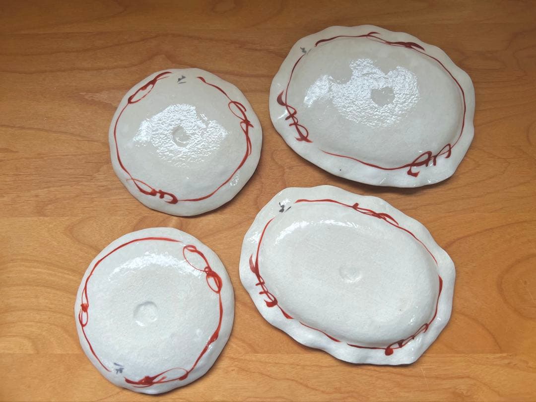 榛澤宏 色絵二花楕円小皿 豆皿 たたら 粉引 赤絵 作家もの