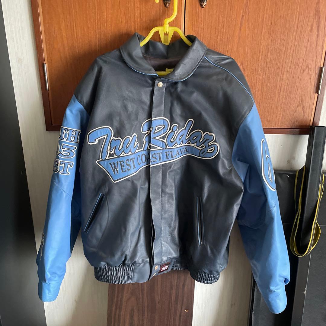 スタジャン 黒/青　本革　オリジナル