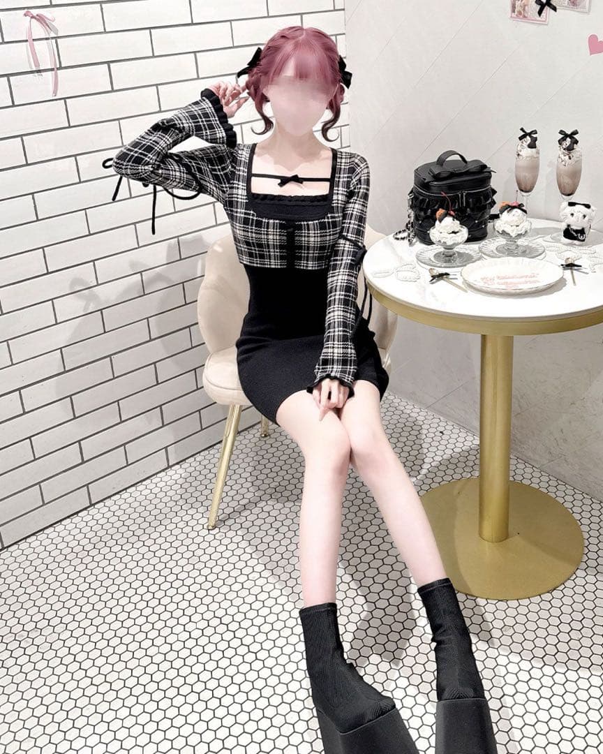 honey mew チェックリボンドッキングワンピース