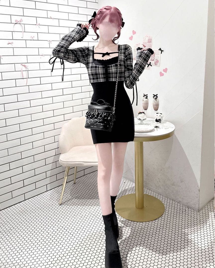 honey mew チェックリボンドッキングワンピース