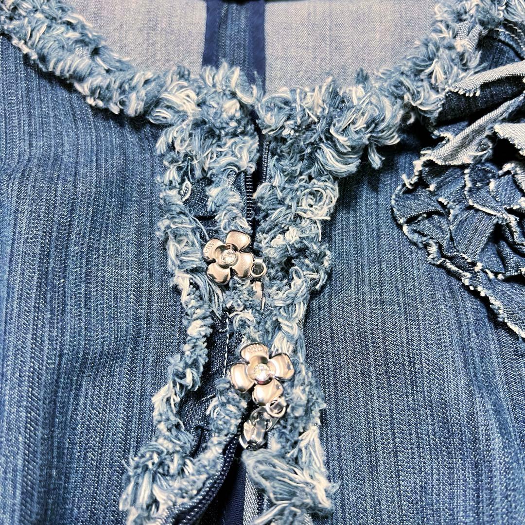 【美品】エムズグレイシー ノーカラー デニム ジャケット フリンジ 日本製