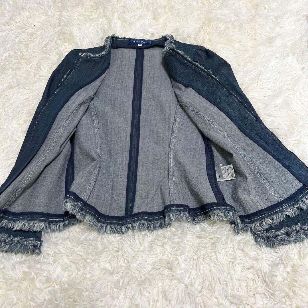 【美品】エムズグレイシー ノーカラー デニム ジャケット フリンジ 日本製