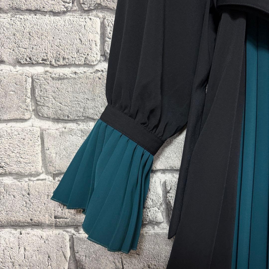 【美品】HARE　ソデプリーツキリカエワンピース　ブラック×グリーン　ベルト付