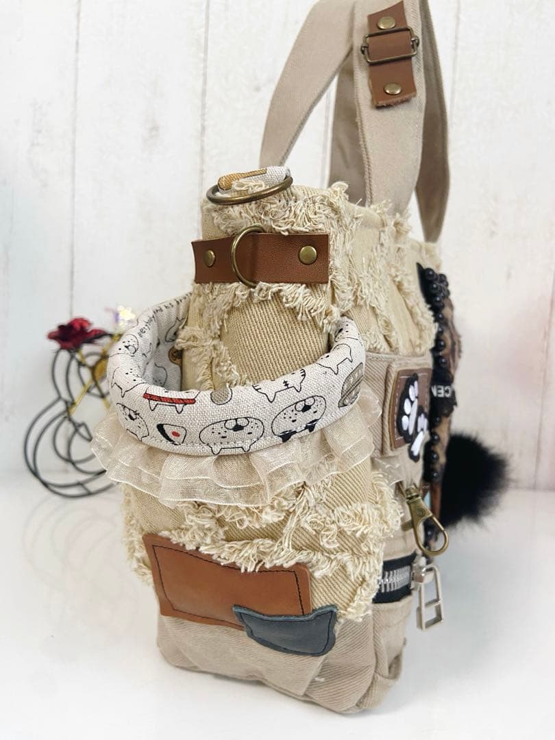 デニムリメイクバックS 茶フリンジ猫