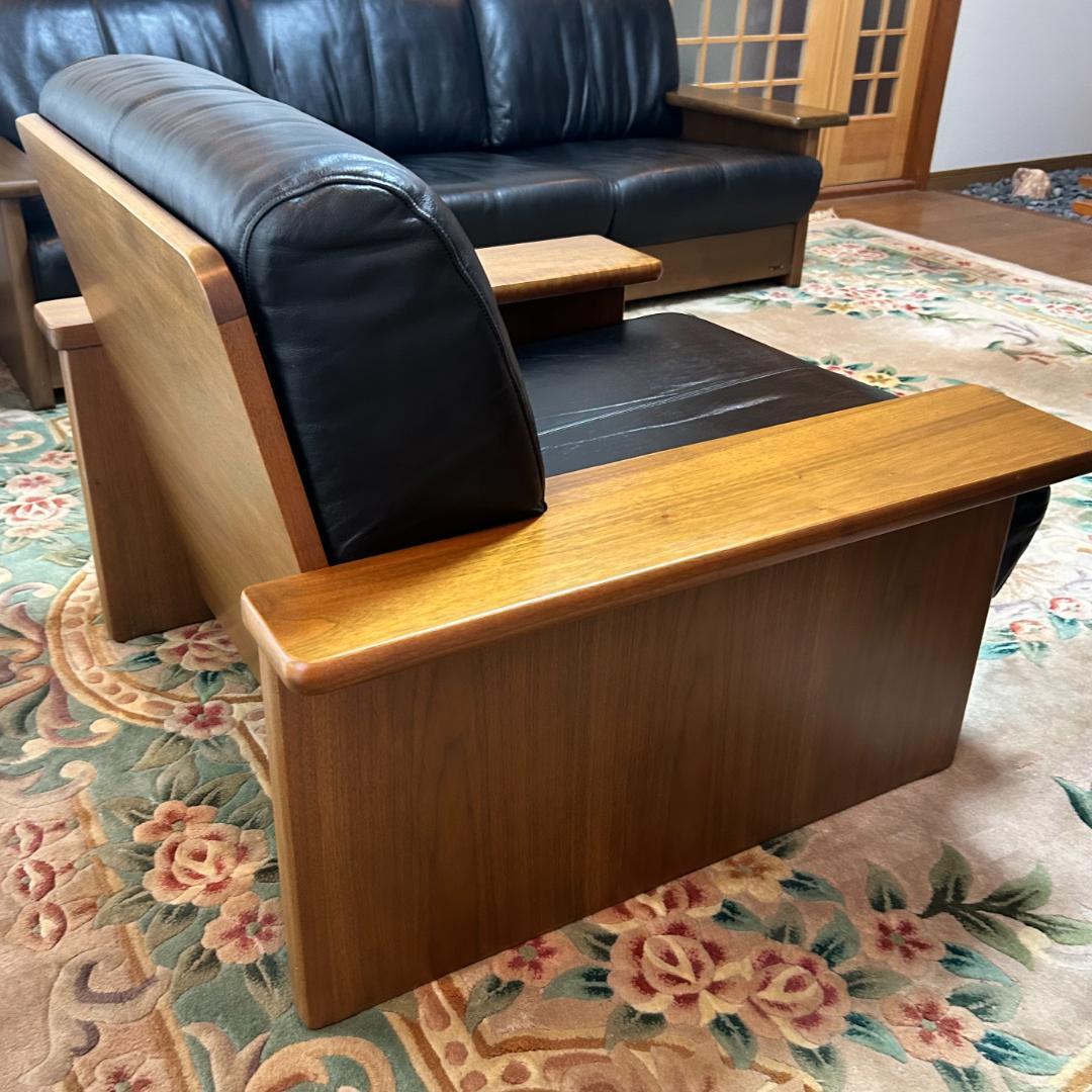 浜本工芸　黒本革レザー1人掛けソファ-b