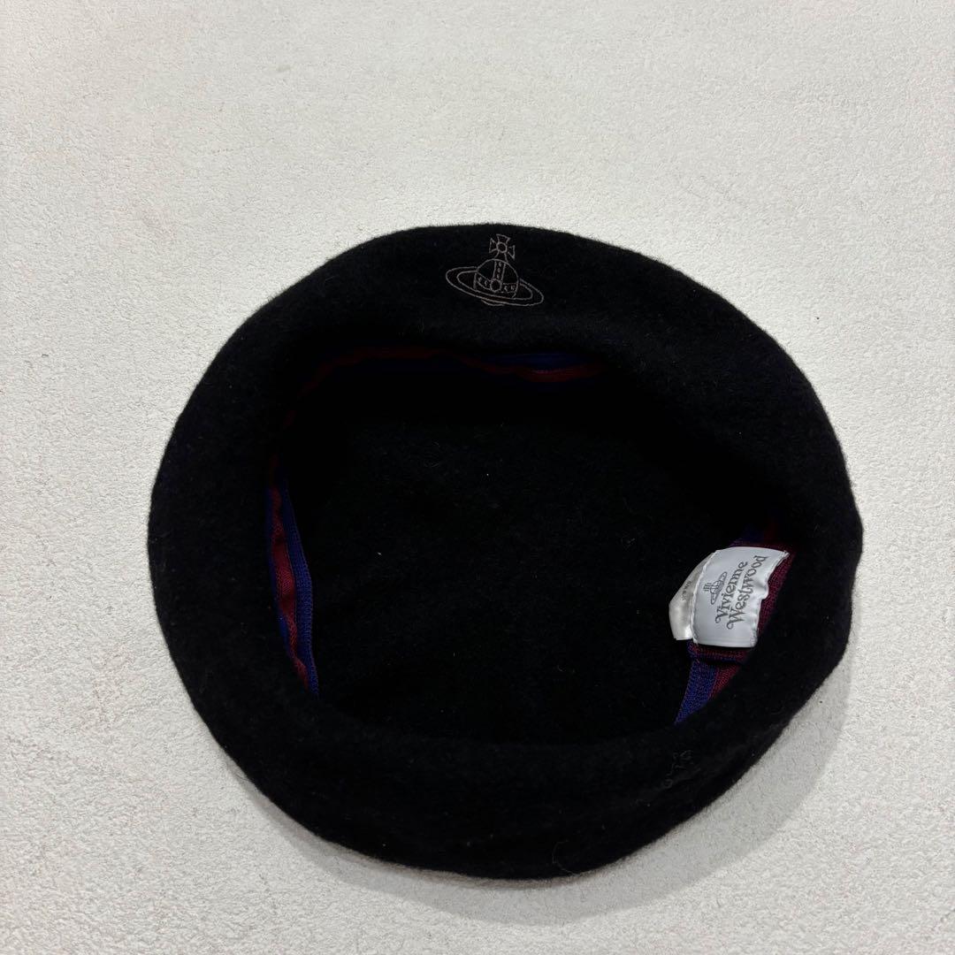 Vivienne 美品 オーブ 刺繍 ウール ベレー帽 帽子 ブラック 黒