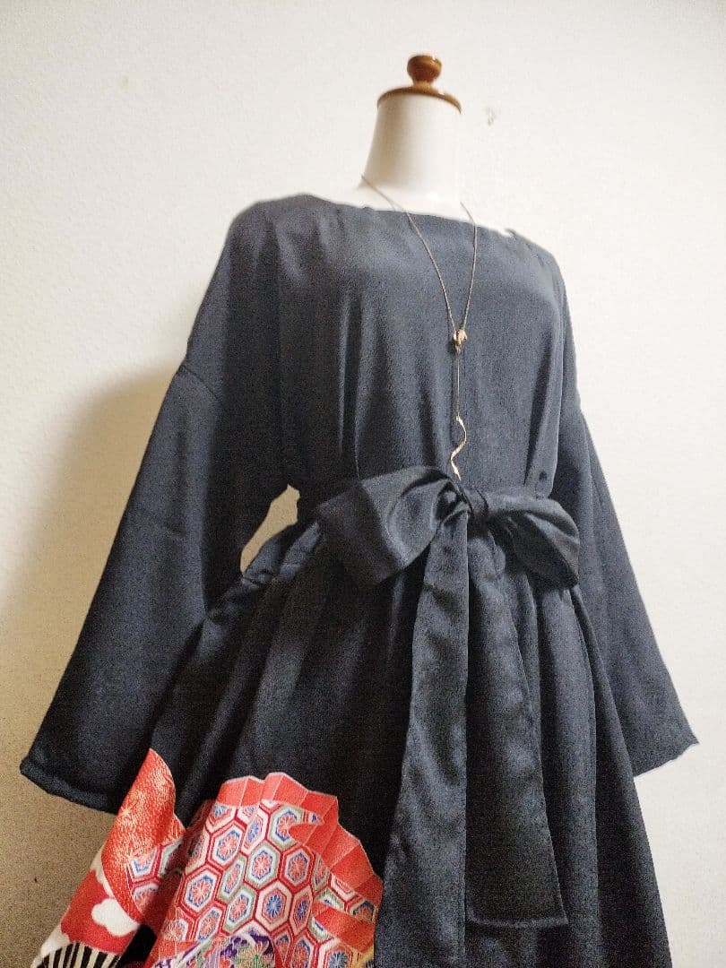 1482　ネイビー☆留袖ギャザーワンピース　卒業入学結婚式七五三宮参り