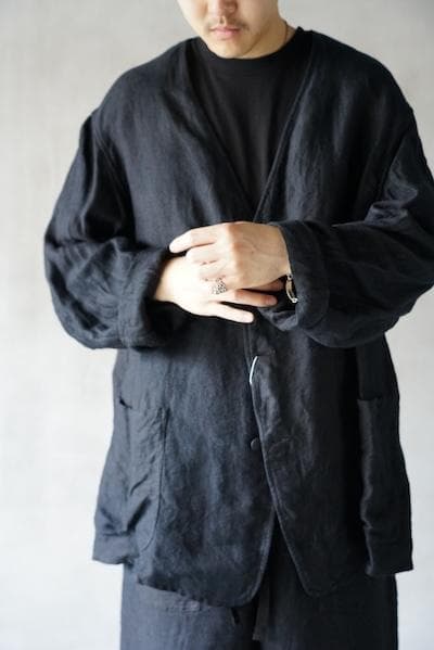 極美品 COMOLI 25SS リネンサテン ノーカラージャケット 3 ブラック
