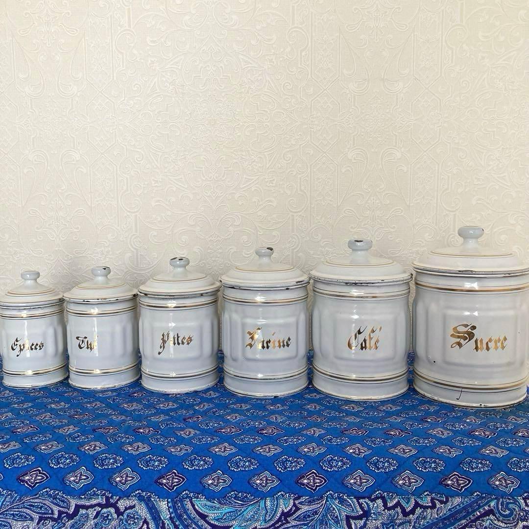 ♪フランスアンティーク キャニスター 琺瑯 6個セット ホワイト 金文字
