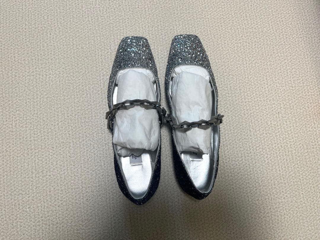 ジミーチュウ グリッター スクエアトゥ フラットパンプスシルバー×ブラック 37