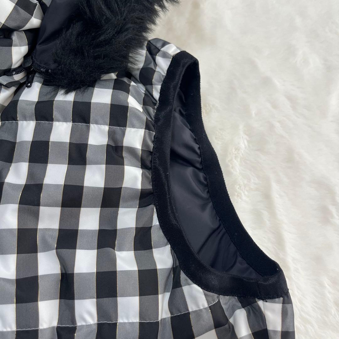 ブラック＆ホワイト ダウンベスト ゴルフウェア フード取外し可 ファー 黒白