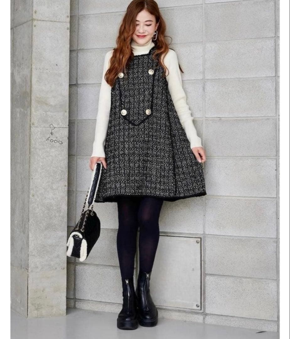 【OBLI】ツイードジャンパーワンピース/ブラック