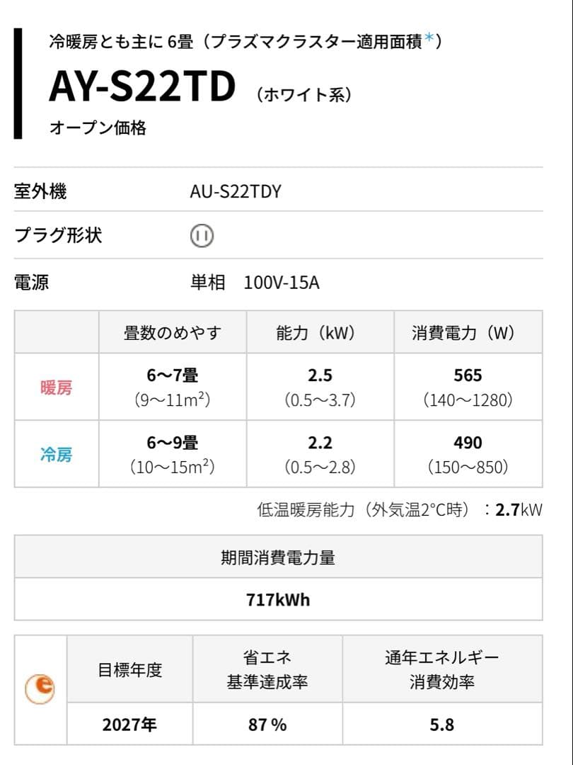 新品未使用　シャープ エアコン 6畳　AY-S22TD