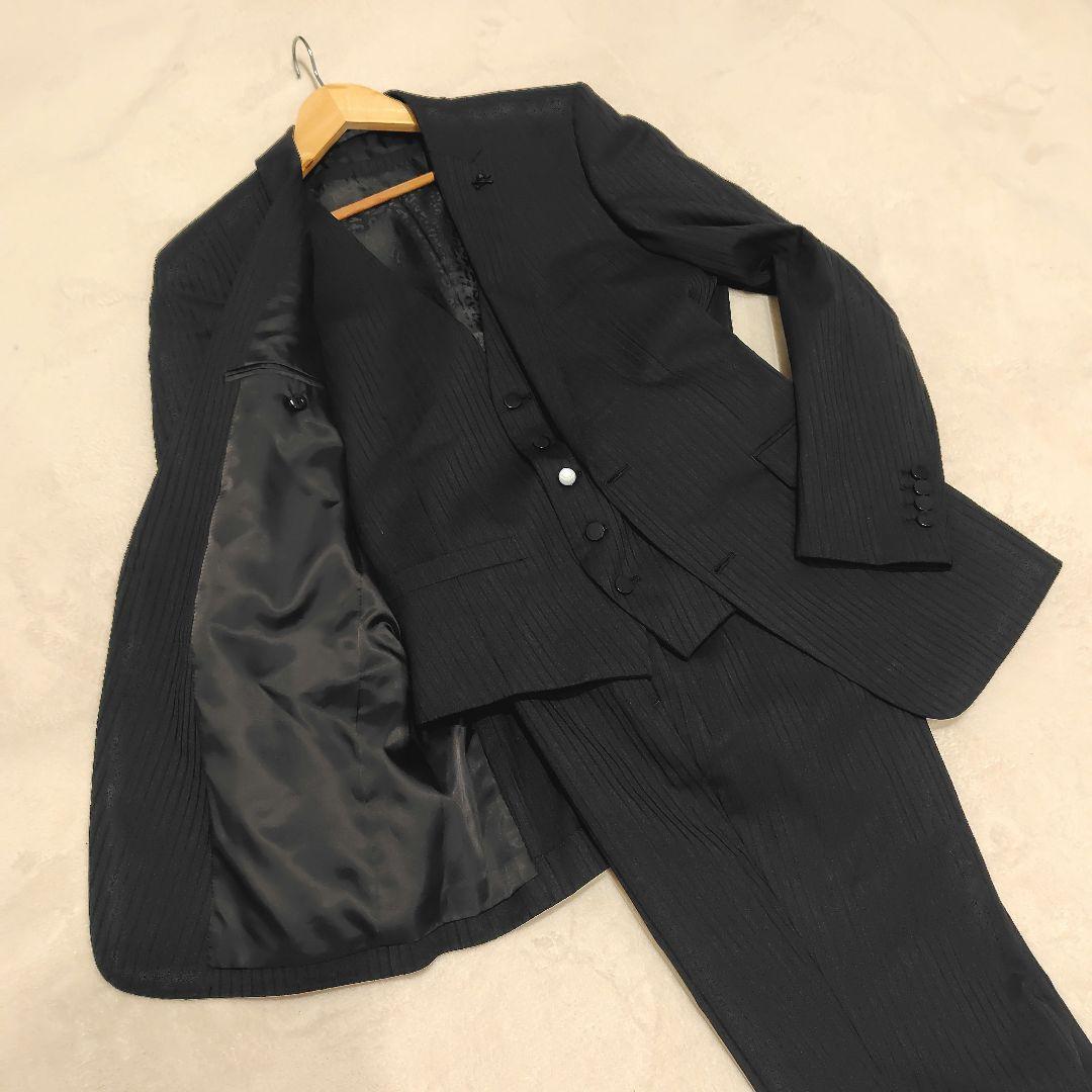 美品　ロエン　スリーピースセットアップスーツ　ドクロ　総柄　L ストライプ　黒