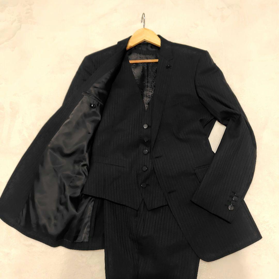 美品　ロエン　スリーピースセットアップスーツ　ドクロ　総柄　L ストライプ　黒