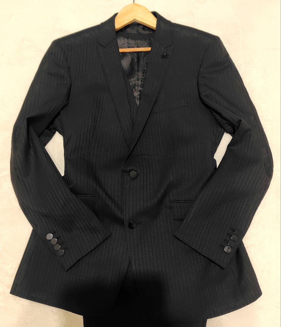 美品　ロエン　スリーピースセットアップスーツ　ドクロ　総柄　L ストライプ　黒