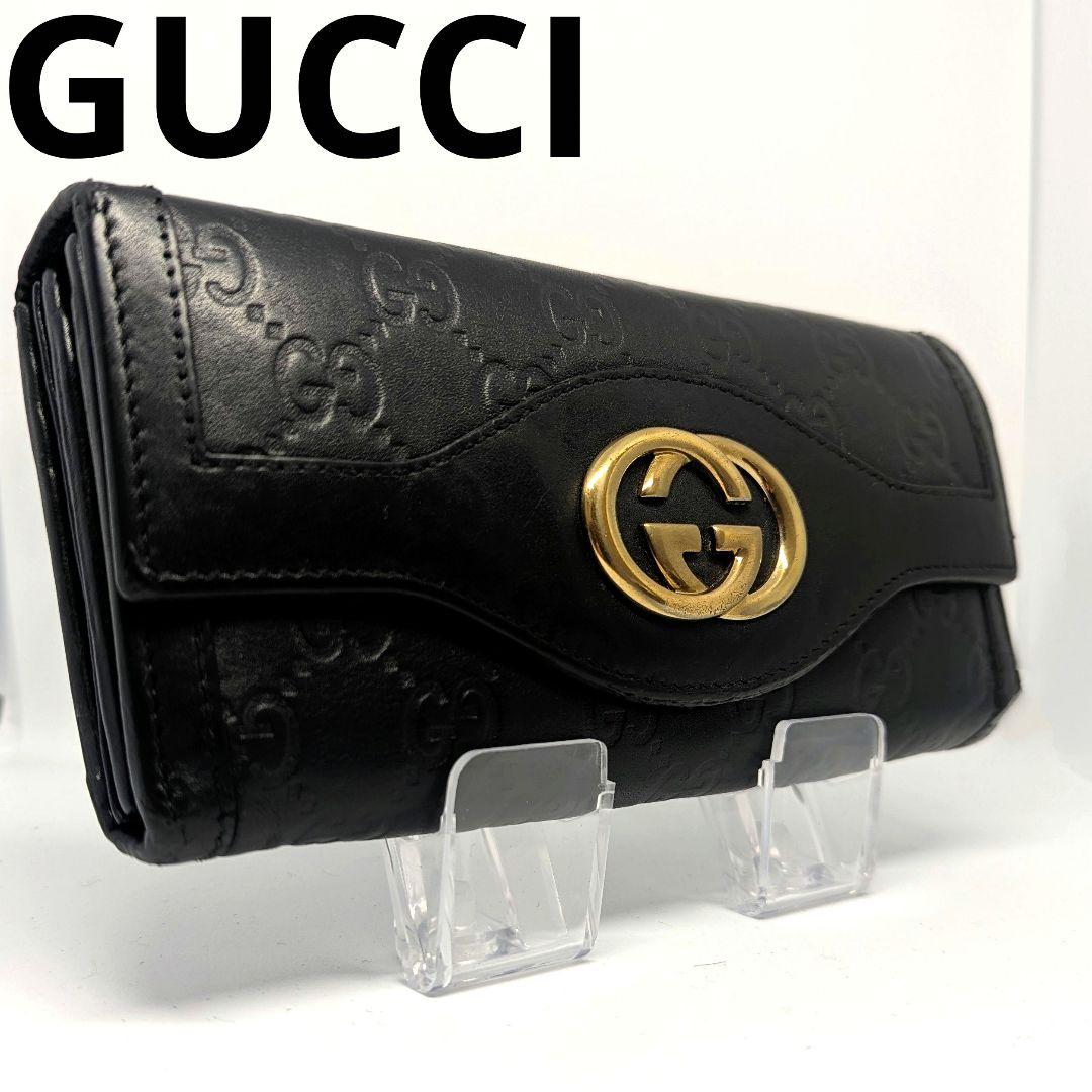 GUCCI　長財布　GG　レザー　シマ　スーキー　ゴールド　黒