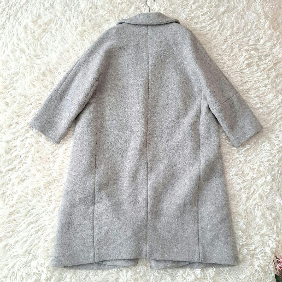 日本製 エブールꕤウール混 ロング ガウンコート ボタンレス グレー 厚手 36