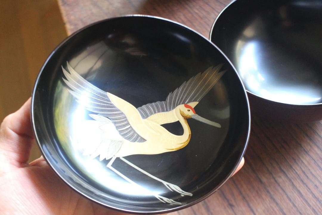 デッドストック！極上千筋糸目に優美な見返鶴蒔絵の煮物椀2点（検輪島塗蒔絵椀雑煮椀