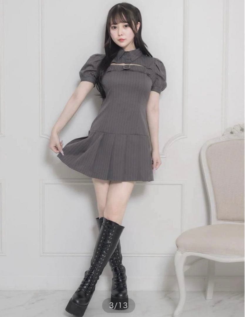 pium　ベルトストライプワンピース　チャコール